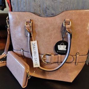 Malibu Skye 2 piece satchel/tote bag - light mauve/tan color